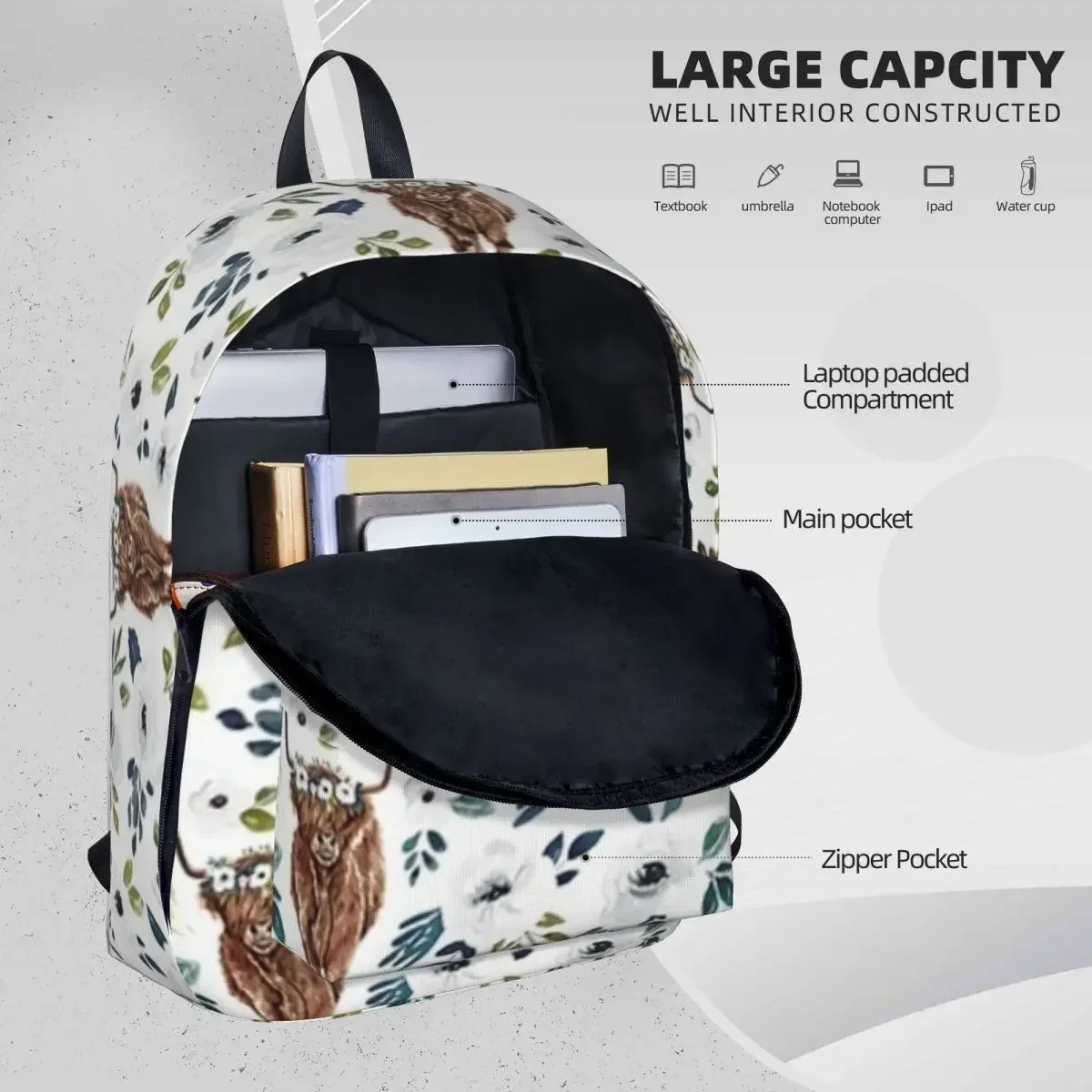 Highland Cow-mochila de decoración de granja para niños, Bolsa Escolar para ordenador portátil, mochila de viaje, Floral, corona Floral, pintura de vaca