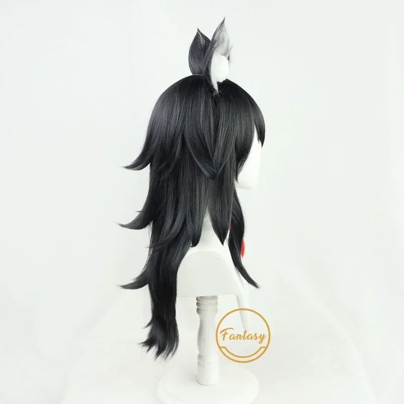 شعر مستعار كوسبلاي من okami-Mio Vtuber olive ، شعر اصطناعي طويل أسود مجعد ، شعر مستعار لحفلات الهالوين ، آذان قبعة