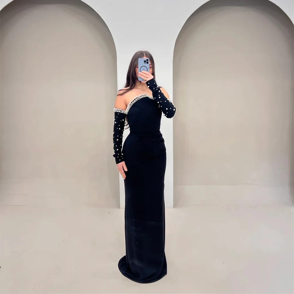 

Elegant Evening Dress Women Long Sleeve Beaded Prom Dresses Straight Formal Party Gowns For Wedding Guest Gowns Customized