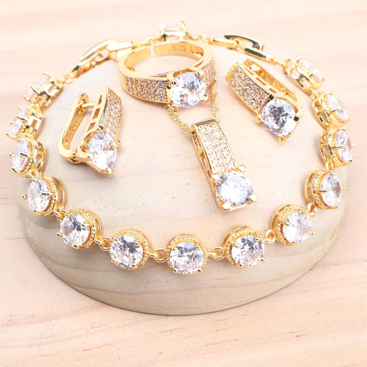 

925 Silver Bridal Jewelry Sets For Women White Zircon Gold Color Wedding Necklace Pendant Stones Earrings Rings Bracelets Set