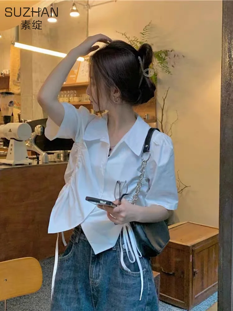 짧은 소매 셔츠 여성 자카드 풍선 슬리브 핀턱 버튼 탑 가을 프랑스 예술적 프레피 학생 젊은 소녀 같은