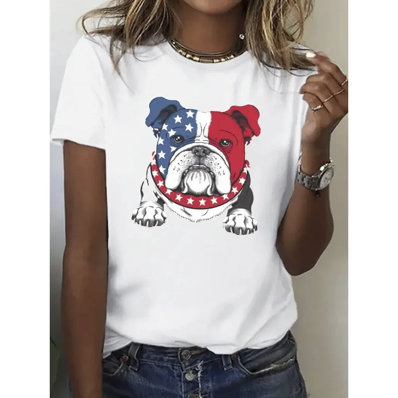 

Women's T-shirt Patriotic Bulldog Pattern Printed T-shirt Round Neck Comfortable Women's T-shirt Casual Women's Cotton T-shirt