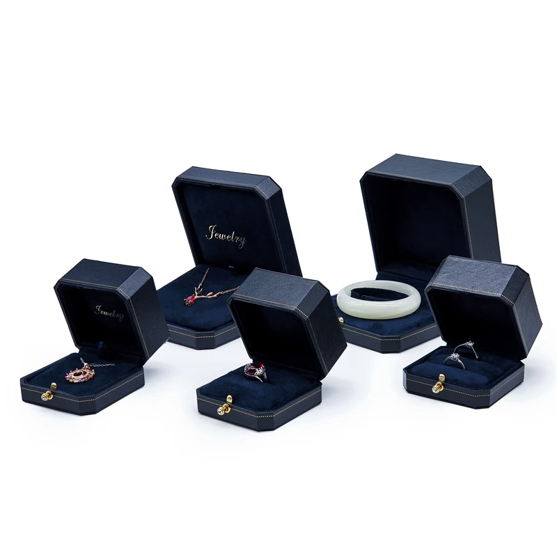 (5pcs) Blue Octagonal Diamond Studded Snap Ring Box, Ring Packaging Box, Wedding Ring Box