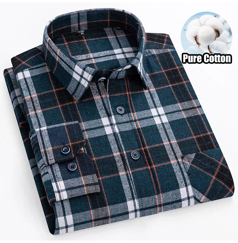 

Мужские рубашки в клетку из 100% чистого хлопка, мягкие рубашки обычного кроя с длинными рукавами и начесом, удобные повседневные рубашки в клетку с одним карманом