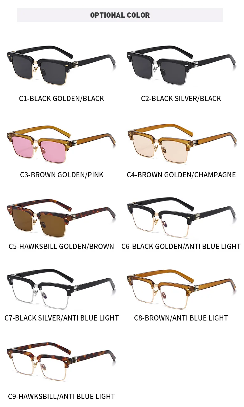 SHAUNA Fashion Nieten Halbrahmen Sonnenbrille UV400 Quadratische Anti-Blaulicht-Brille – Detail 8