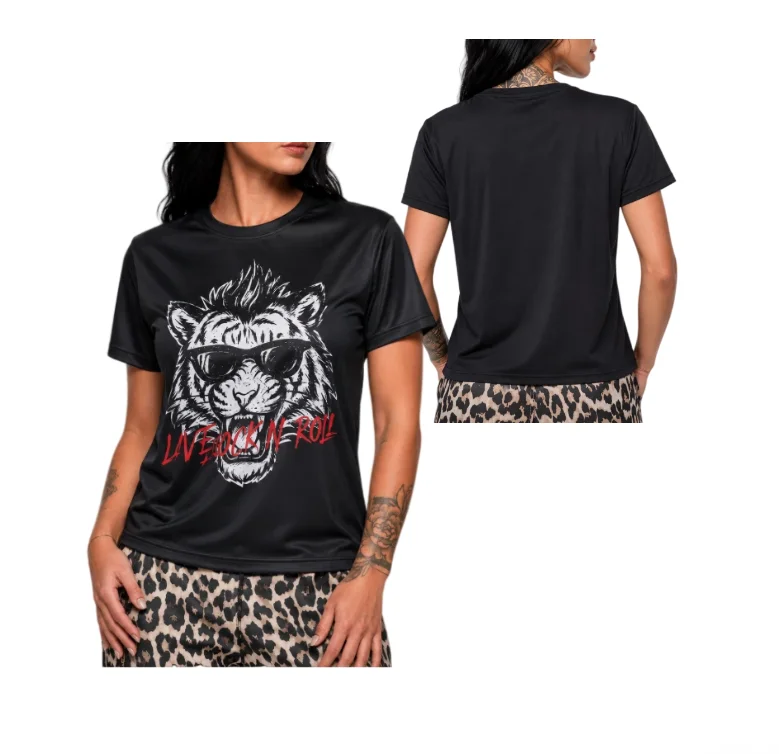 Women Rock N Roll Graphic T‑Shirt Retro Tiger Print Short Sleeve Tee Punk Streetwear Casual Black Top