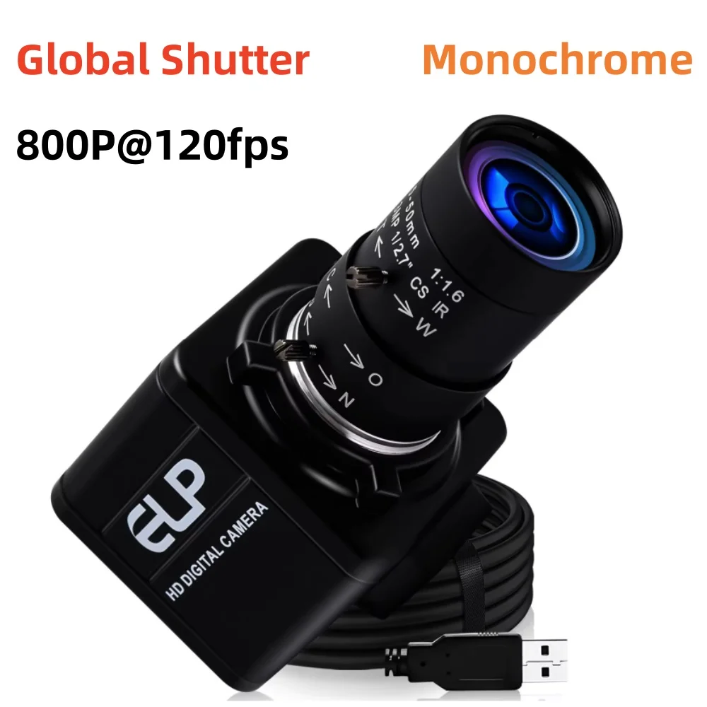 ELP 120fps 210fps Global Shutter USB Camera 800P Monochrome High Speed Mini Industrial Webcam with CS Varifocal Zoom Lens