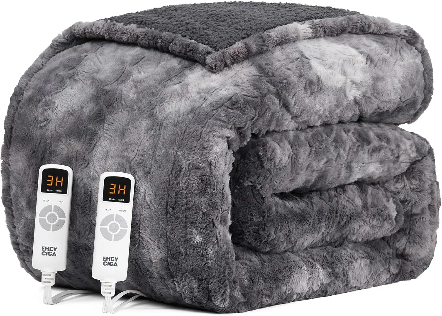 

Queen Size Electric Heated Blanket with Faux Fur, 10-Hour Auto Shut Off, 9 Heating Levels, Dual Control, Fast Heating in Grey