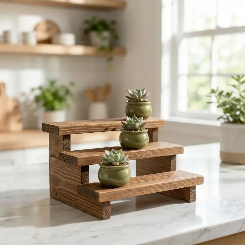 Dollhouse Wooden 3 Layer Shelf Flower Plant Stand Miniature Rack for Mini Garden Room Decor