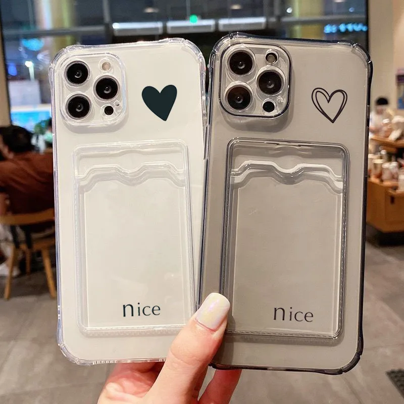 Card Bag Holder Clear Case For iPhone 15 Pro Max 14 13 12 11 With Love Heart Print Cover For iPhone XS X XR 7 8 Plus SE2020 Case