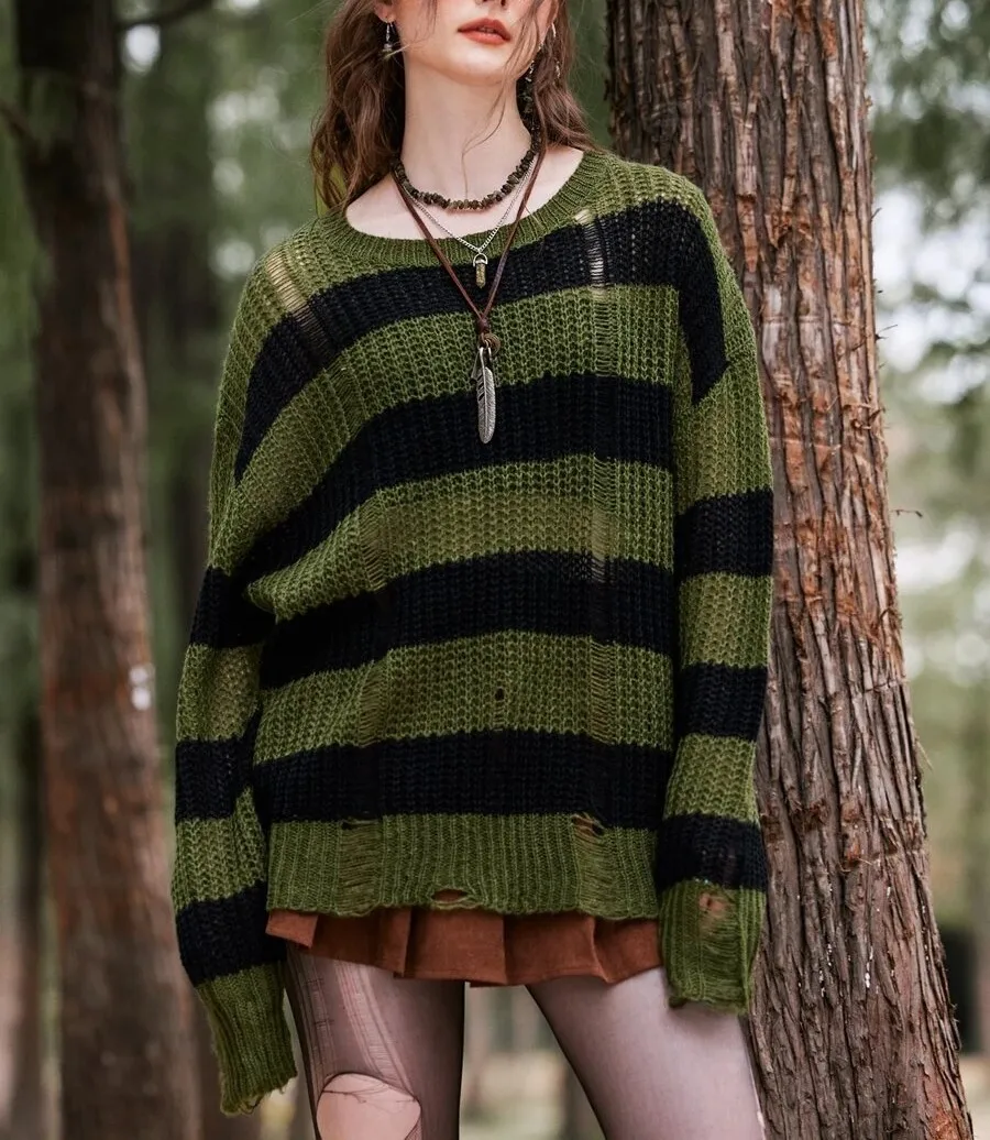 Women\'s striped ripped design color contrast knit pullover autumn and winter