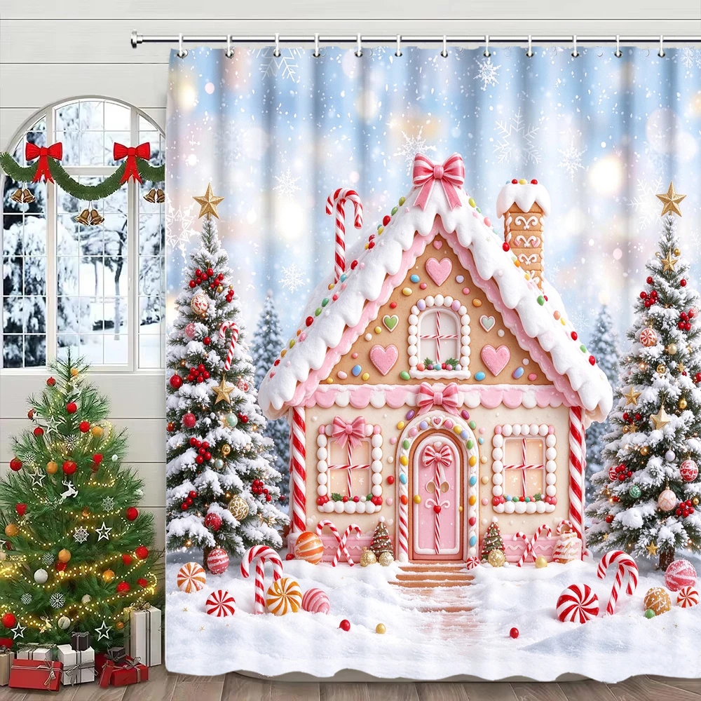 Christmas Shower Curtain Cartoon Lovely Candy House Xmas Bathroom Curtains Christmas Gift Snowflake Decor Fabric Curtain Hooks