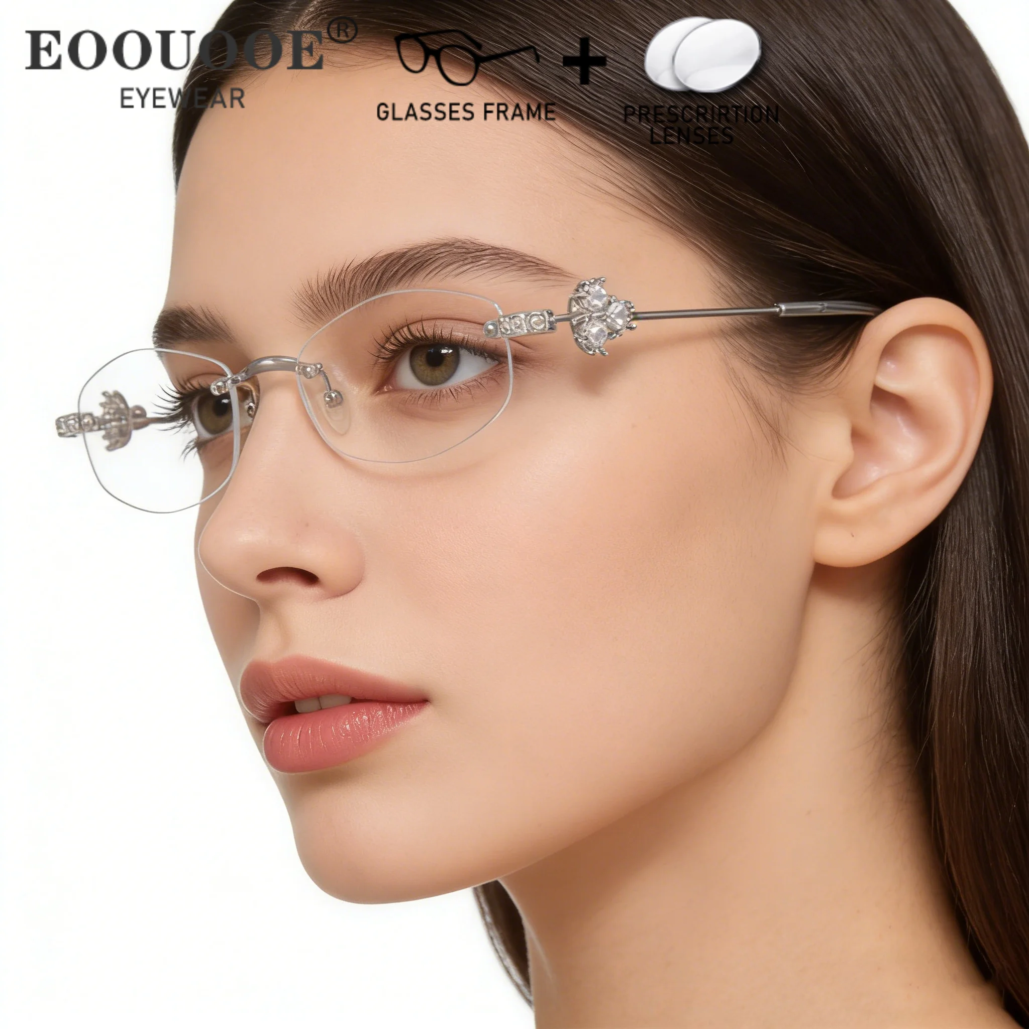 

Gemstone Design Women Exquisite Glasses MR1.61 1.67 Lenses Myopia Rimless Frame Prescription Progressive Anti Blue Light Eyewear