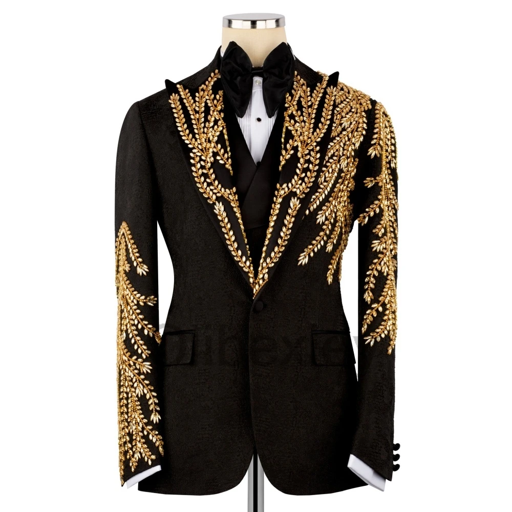 Olibexley 2027 Men's Slim Fit Tuxedo Two-Piece Suit Gold Crystal Jewelry Decoration Tailored Wedding Groom Suits Customized S312