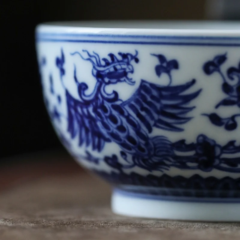 Wood Kiln Kung Fu Tea Cup Tea Cup Hand Painted Fake Antique Blue and White Hand Painted Phoenix Master Cup Single Cup Jingdezhen