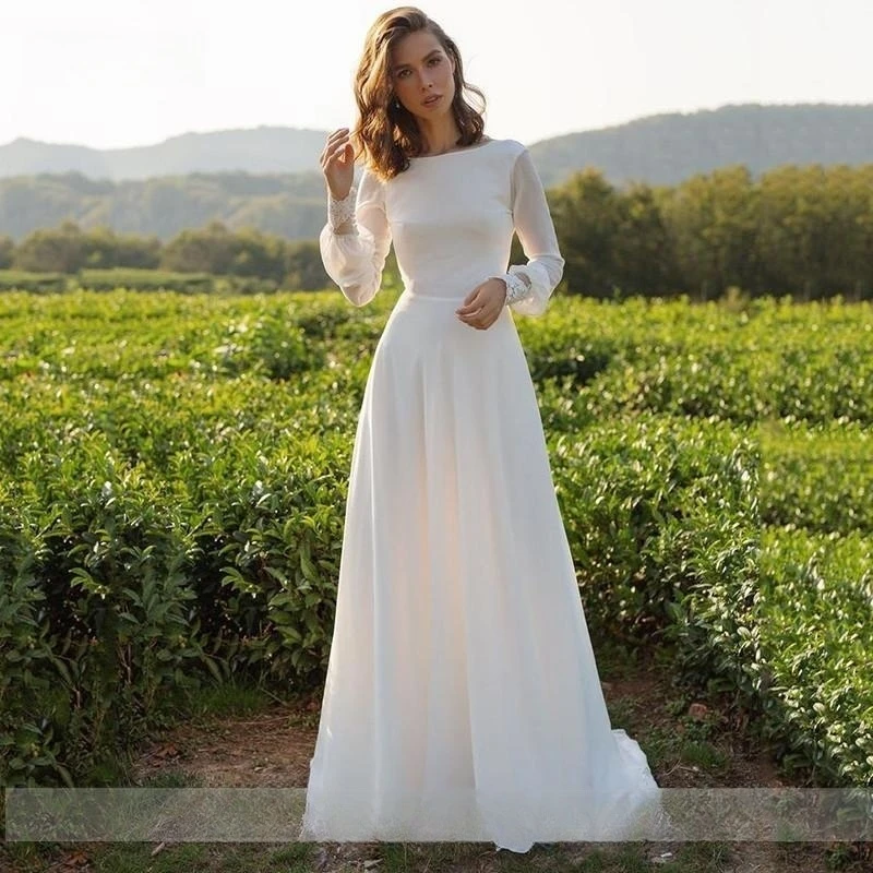 Vestido De novia De gasa 2023 una línea De manga larga Vestidos De novia árabes Vestidos Boho encaje personalizado a medidas bata De Mariee