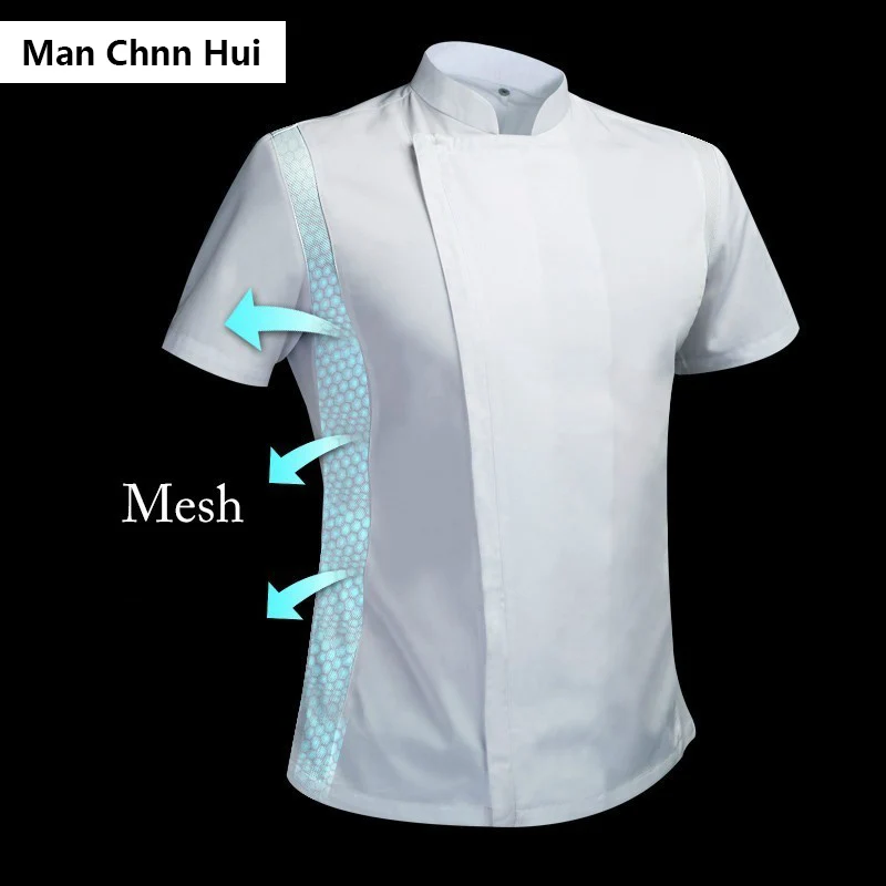 Casaco de manga curta chef uniforme cozinha respirável cozinhar jaqueta restaurante hotel café barbeiro garçom trabalho camisa unisex