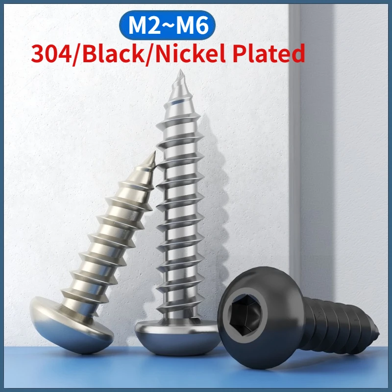 M2 - M6 304 Stainless Steel/Grade 8 Black/Nickel Plated Hex Hexagon Socket Button Round Head Self-tapping Screw Allen Wood Bolt