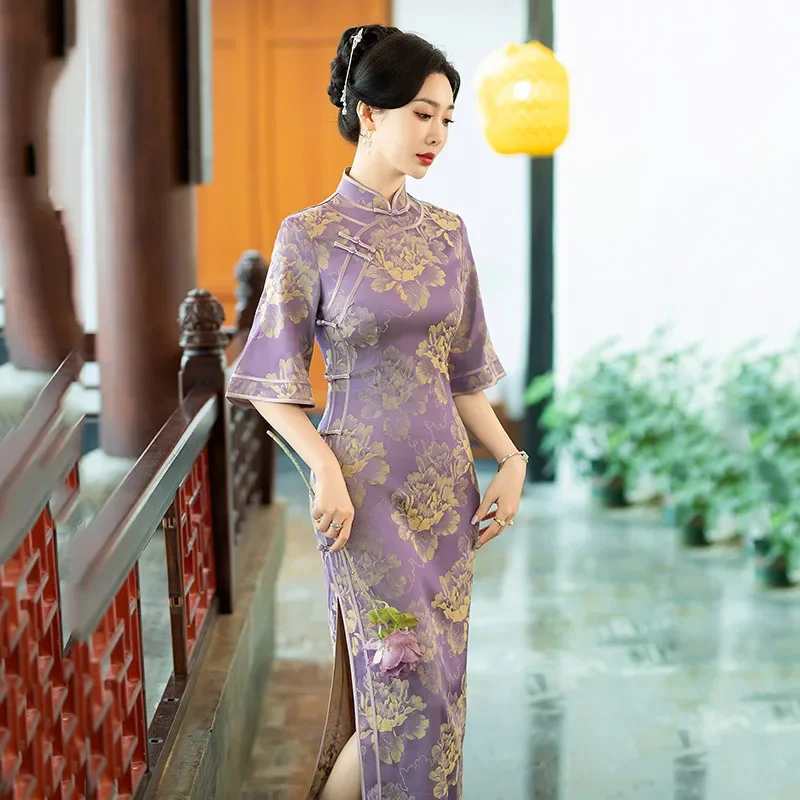 

New Chinese Style Improved Qipao Traditional Elegant Female Long Cheongsam Silky Satin Print Flower Vestidos Sexy Slim Dresses