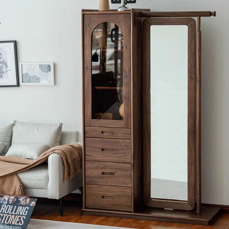 North American black walnut solid wood rotating coat rack storage cabinet with rotating mirror