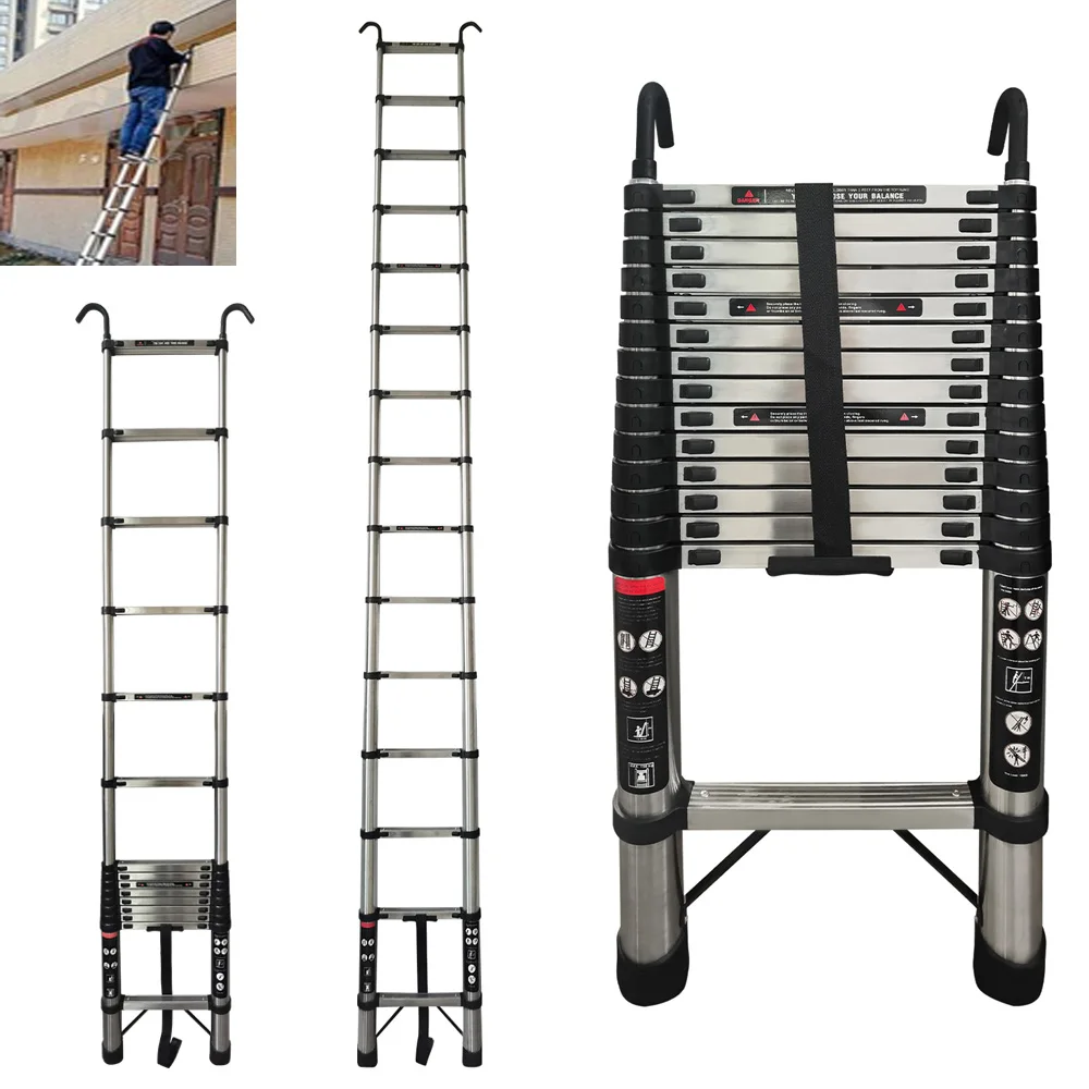 Telescoping Ladder 4.4M Newest Stainless Steel Heavy Duty Portable Compact Ladder with Hooks 14.5FT Multi Purpose Collapsible