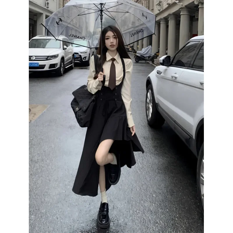 Spring New Style Korean Sweet Spicy Back Strap Skirt Versatile Shirt Set 2 Pieces Vintage Casual Feeling Dress