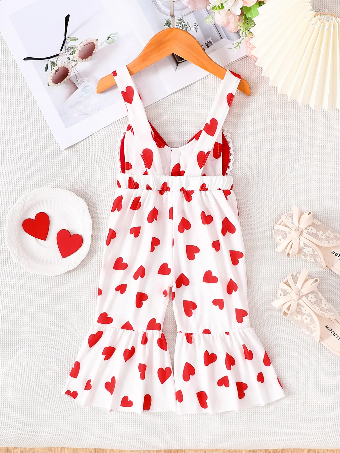 Baby Girl's Heart-Printed Flared Jumpsuit with Big Red Bow Shoulder Straps, Sweet Valentine's Day Princess-Style Summer Outfit