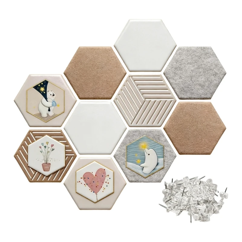 Hexagon Cork Boards for Wall Decors 10Pack Cork Bulletin Boards Tiles with 35 Pin,Pin Board for Note Photos DIY Decors HX6C
