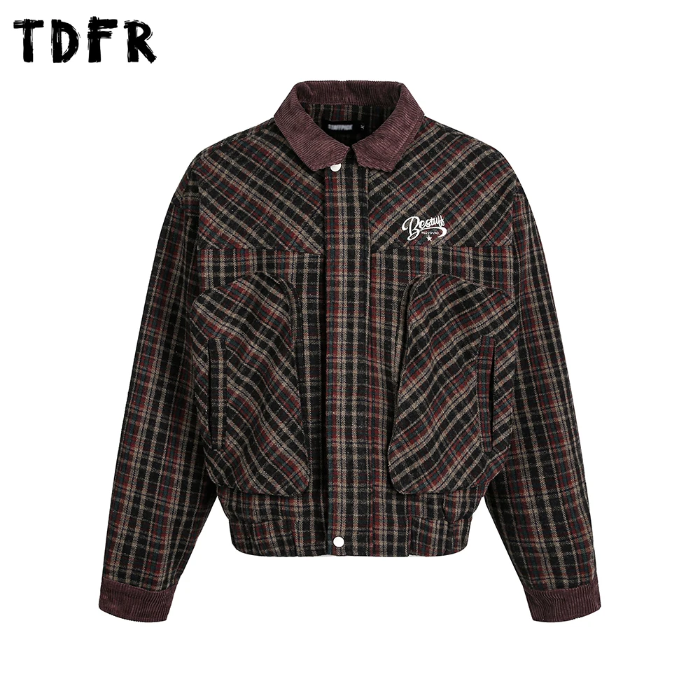 

Retro Cargo Jacket Mens Big Pocket Autumn Casual Loose Spliced Lapel Long Sleeve Outerwear Man