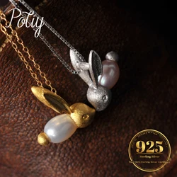 Potiy Cute Rabbit 6mm Oval Pink Freshwater Pearl 925 Sterling Silver Pendnat Necklace No Chain for Women Fashion Trendy Gift Fin