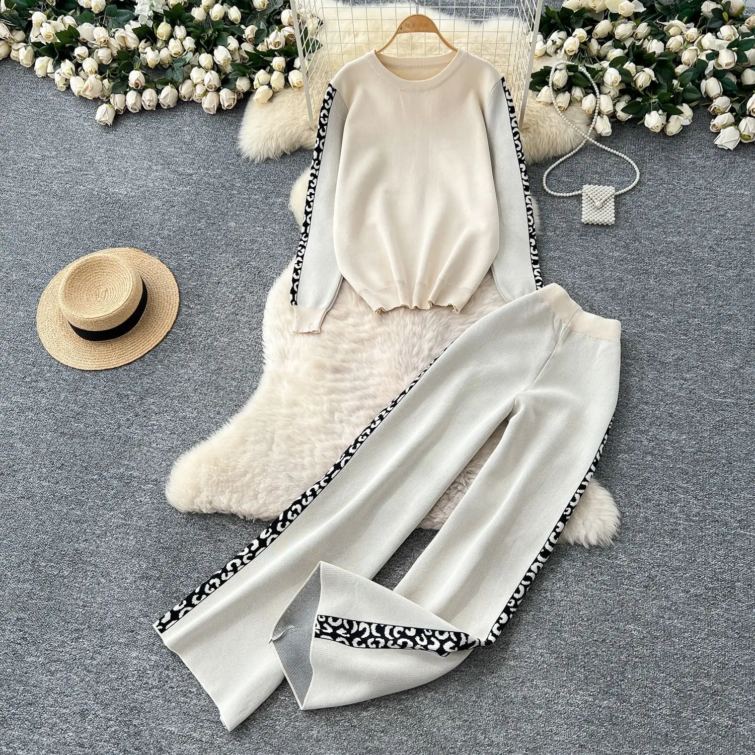 

Pant Set Women Two Piece Sets Full Sleeve Round Neck Casual Knitted Tops Wide Leg Long Pants High Waist Y2k Streetwear Elegant