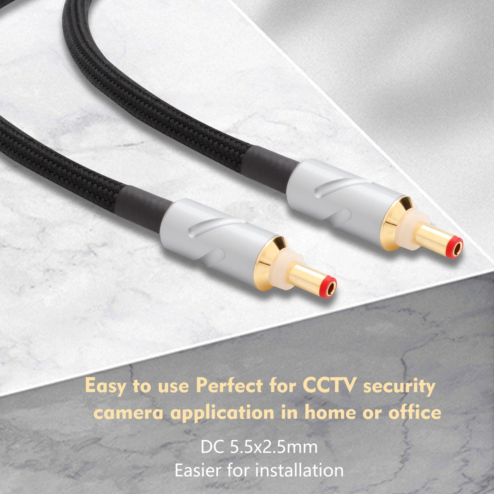 Monosaudio Gold Plated DC 5.5X2.5mm Connector DC Extension Power Cable Pure Silver CCTV Camera Security Camera HiFi Cable