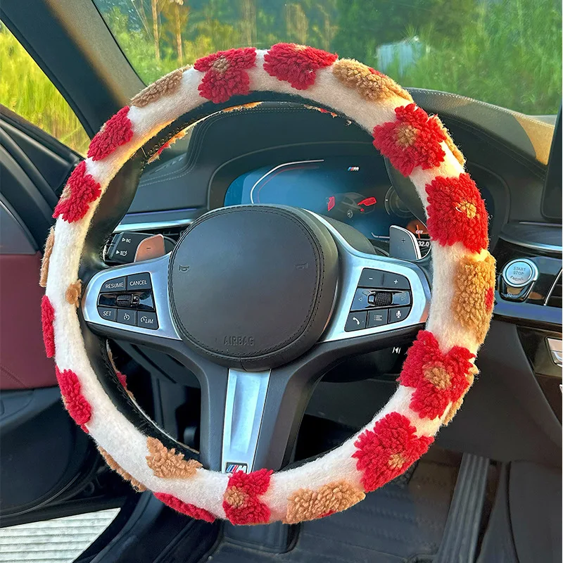 38cm Plush Flower Car Steering Wheel Cover Soft Multiple Colors Universal Anti Shedding Automobile Wheel Handle