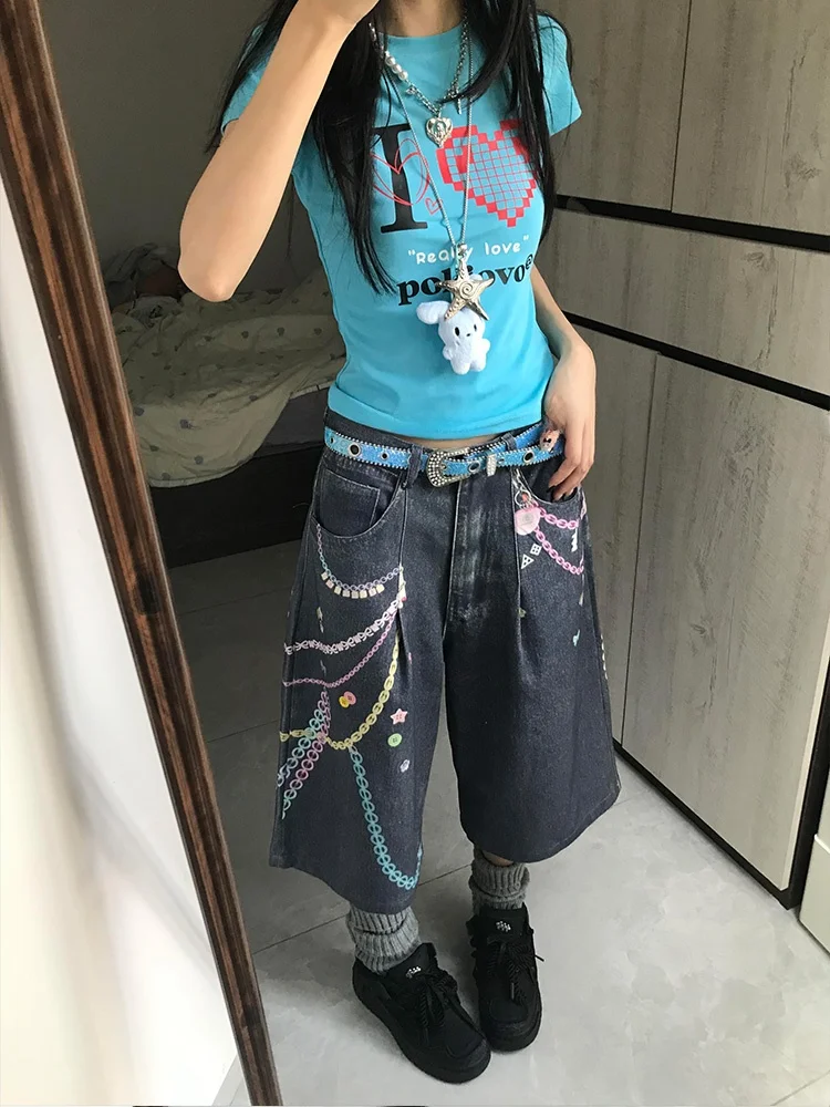 

American High Street Dopaamine Chain Splicing Denim Women's Spicy Design Digital Color Print Wide Leg Seven-Foot Pants