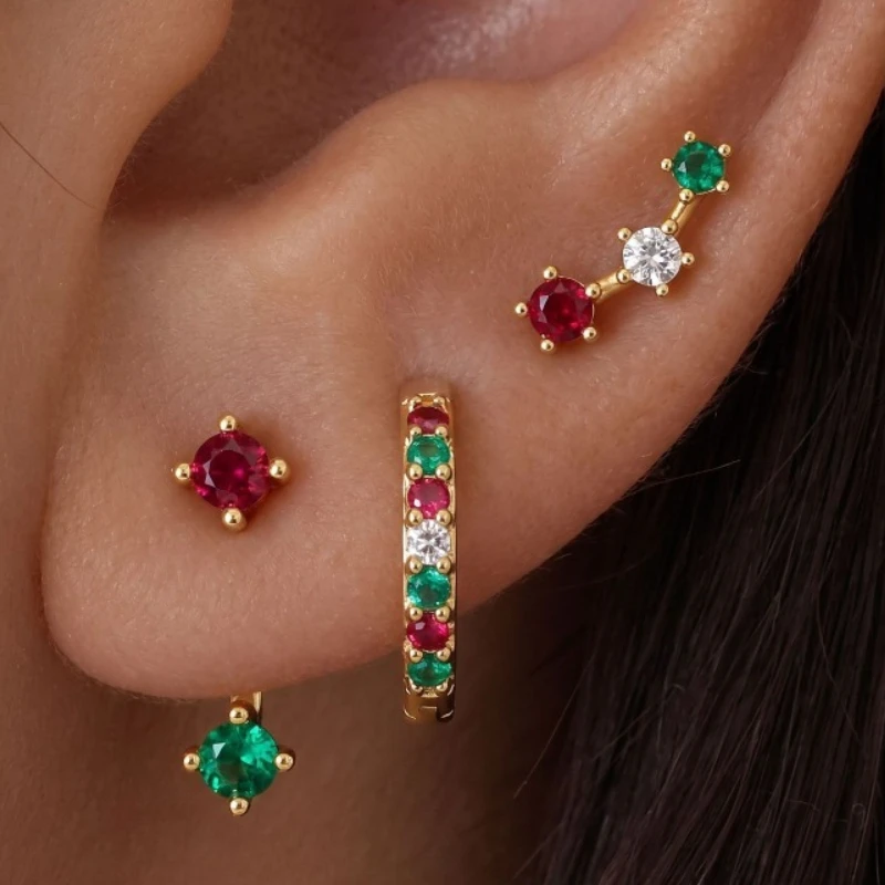 Three-piece Set Christmas Colorful Zircon Earring Set for Women Gold Plated Red Green Stud Earrings Holiday Party Jewelry Gothic