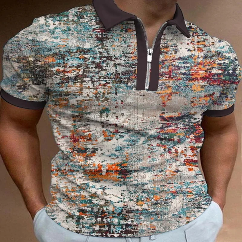 

Irregular Pattern 3D Print Polo Zipper Short Sleeve Shirt for Men