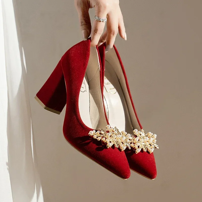 2024 New Spring Summer Autumn Wedding Shoes Women\'s Thick Heels Bride Red Suede Wedding Barefoot Shoes