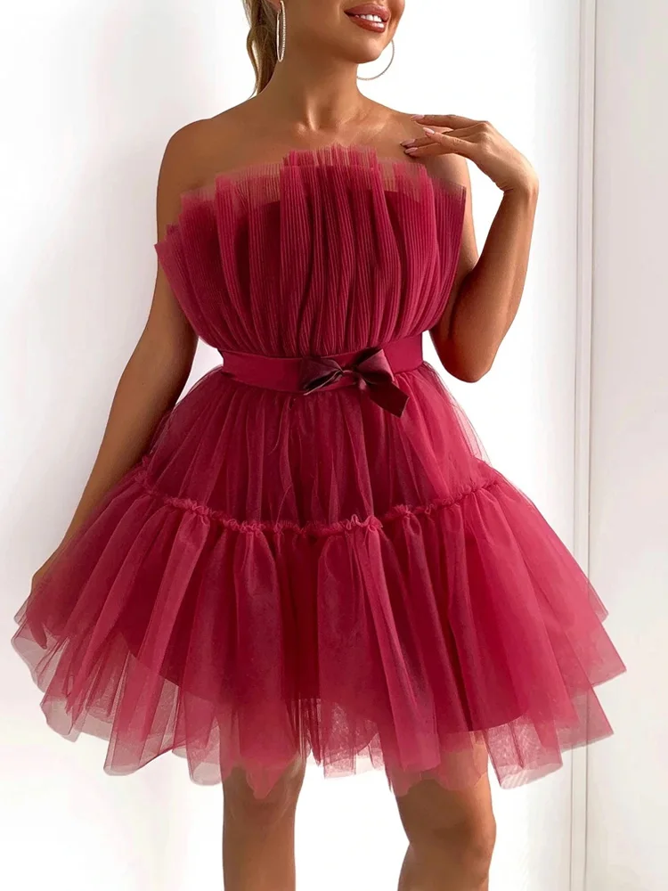 2022 Summer Long Sleeve Pleated Loose Dress Women Spring Off Shoulder Mesh Party Dress Sexy Slash Neck Backless Mini Short Dress