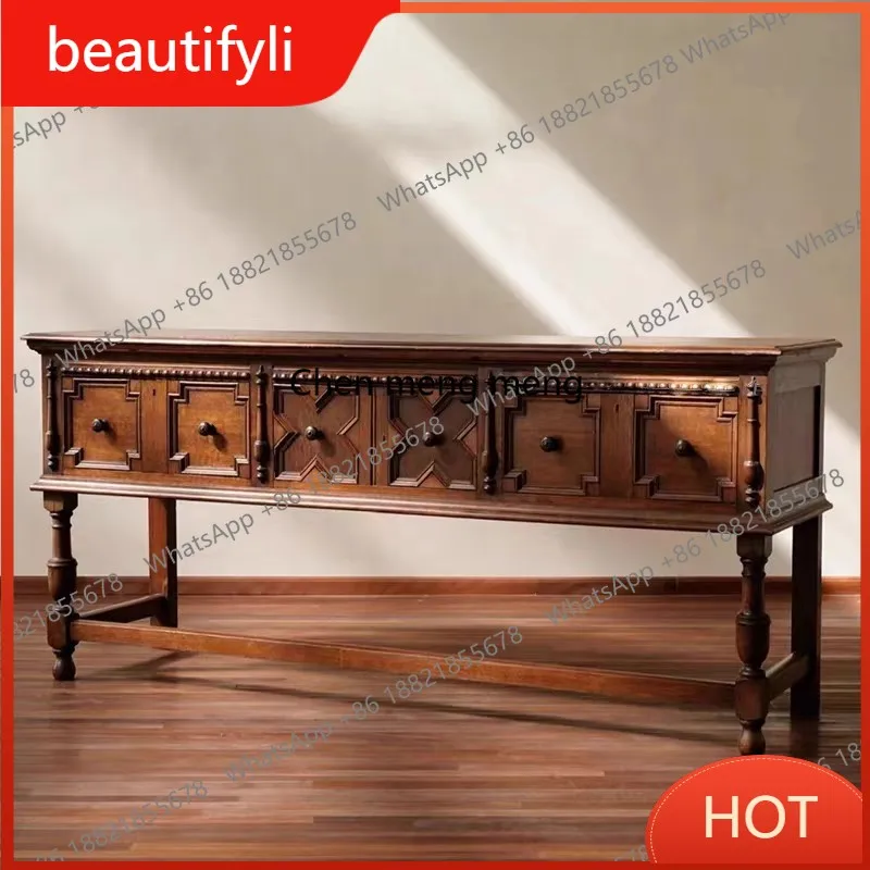 

A139 American retro old solid wood porch cabinet carved foyer decorative cabinet medieval storage side cabinet