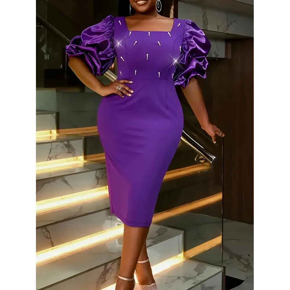 

Purple Beaded Zipper Square Neck Glitter Bodycon Midi Dress