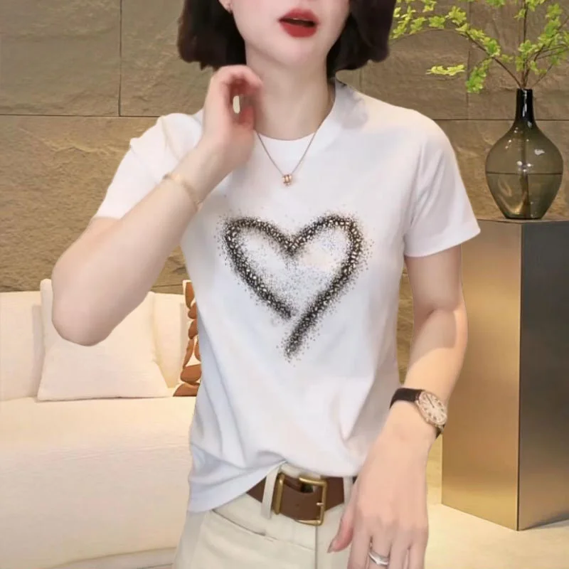Pure Cotton Round Neck Short-sleeved Summer New Style Ironing Diamond Fashion Love Loose T-shirt Slimming Versatile Top
