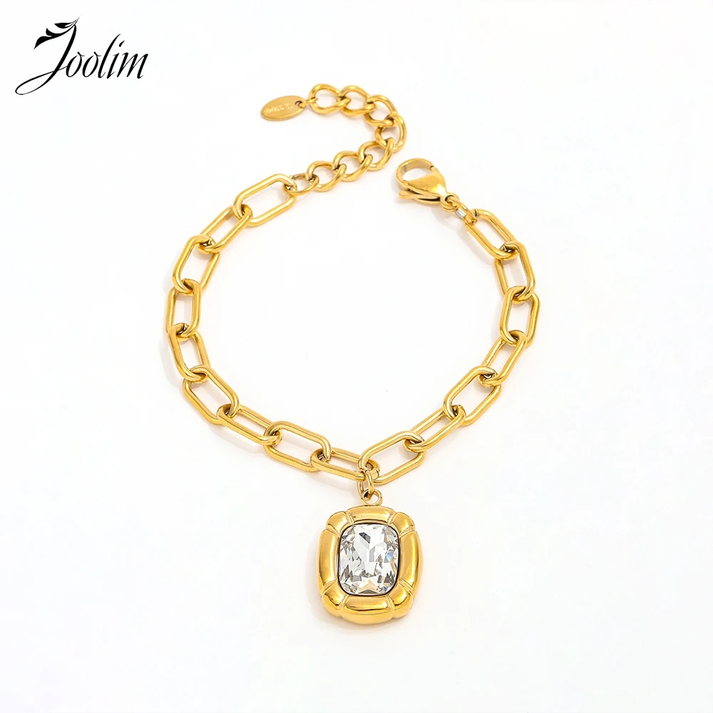 

Joolim Jewelry Wholesale High End PVD Fashion Retro Texture Oval Brand Zirconia Pendant Stainless Steel Bracelet for Women