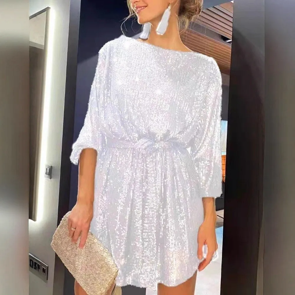 Sequined Beaded Gown Mid Waist Cute Style with Three Quarter Sleeve Zipper Closure Patchwork Midi Length Sweet Spring for Women