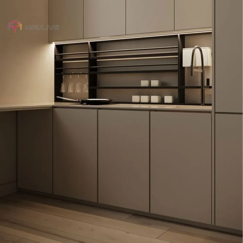 Custom Designed Modern Kitchen Cabinets Wood-Style Panel MDF Carcase Lacquer Door Panel Laminate Sink Custom Joinery Production