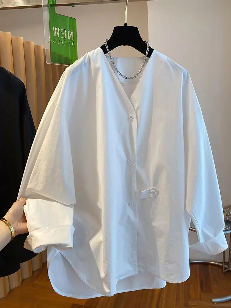 

SuperAen Fashion Elegant V-neck Shirt for Women 2025 Autumn New Loose Mid-length European and American Style Shirts