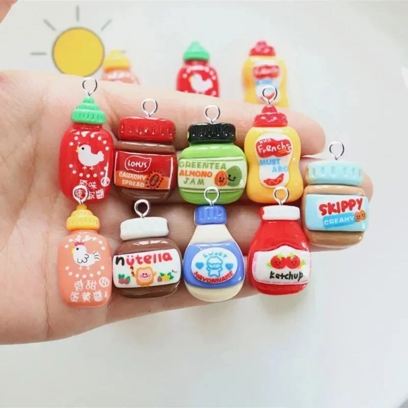 10Pcs Mini Condiment Bottle Resin Pendants Tomato Sauce & Peanut Butter Jar Charms For Handmade Keyring Earring Craft Supplies