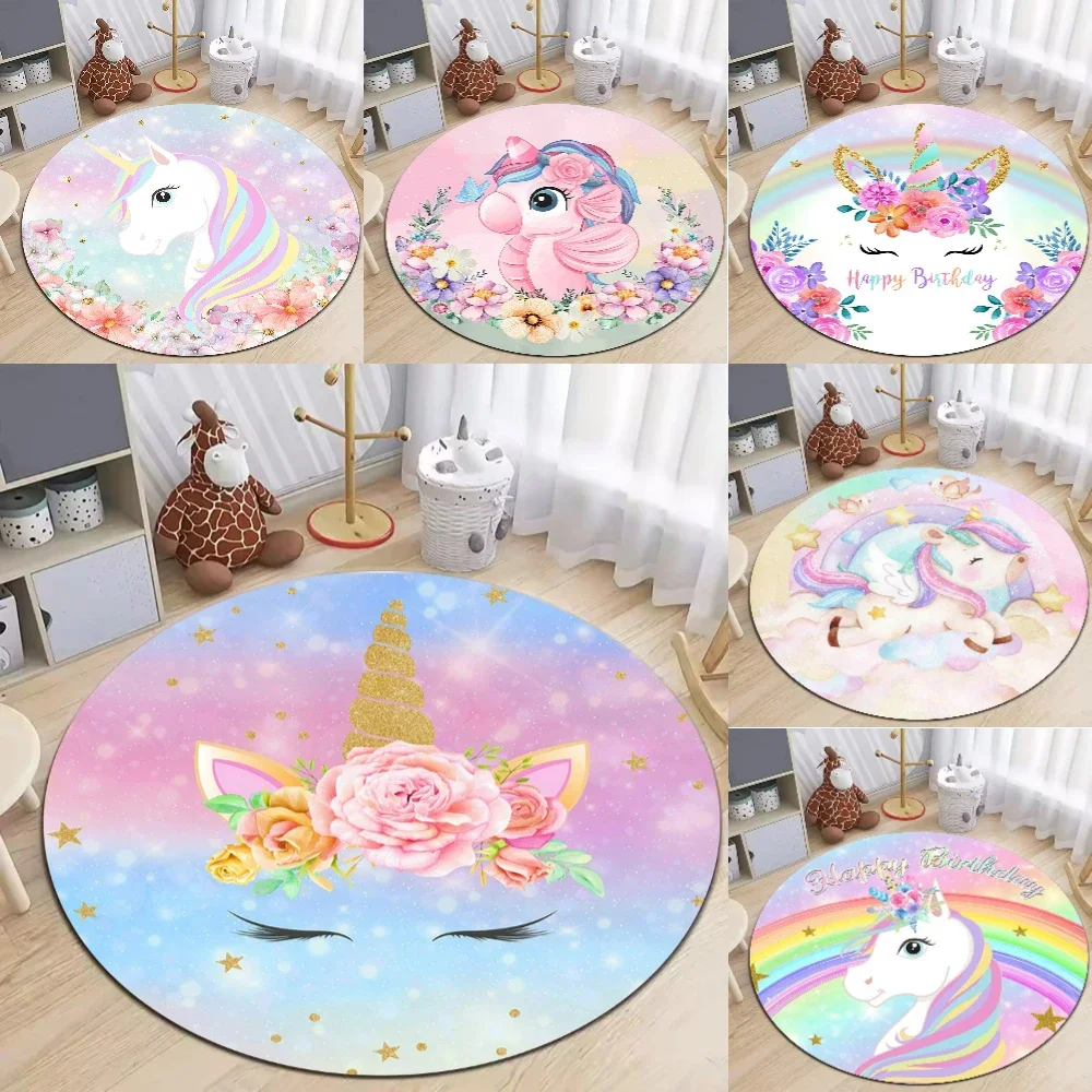 Pink Unicorn Round Rug Living Room Sofa Decor Rug Nursery Children Play Mat Kid's Bedroom Bedside Floor Mat Hallway Nonslip Rug