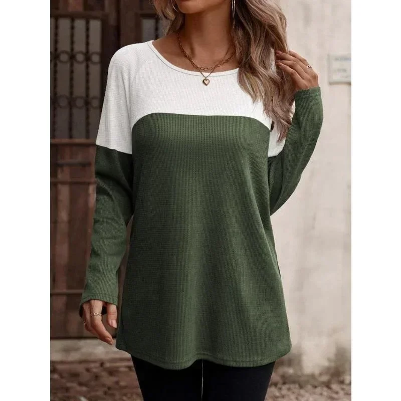 Herfst En Winter Nieuwe Dames Top Mode Ronde Hals Lange Mouwen Knopen Losse Casual Kleur Blokkerende Effen Colour T-Shirt