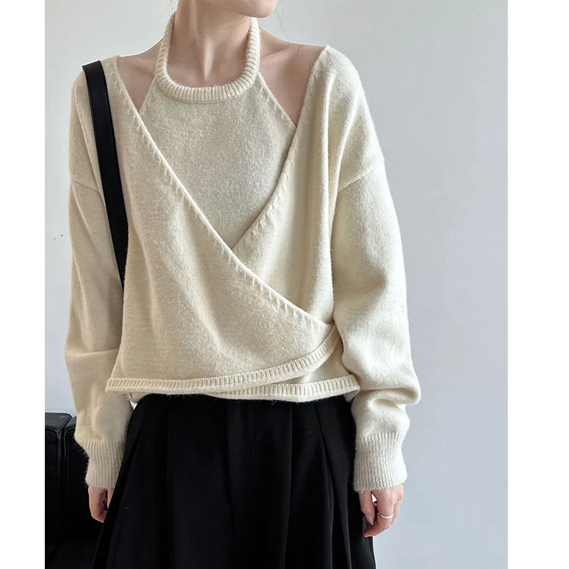 2024 High Quality Autumn Women Loose Style Two Pieces Sweater Halter Neck Tank Tops With Cardigans Tops For Women Sweater