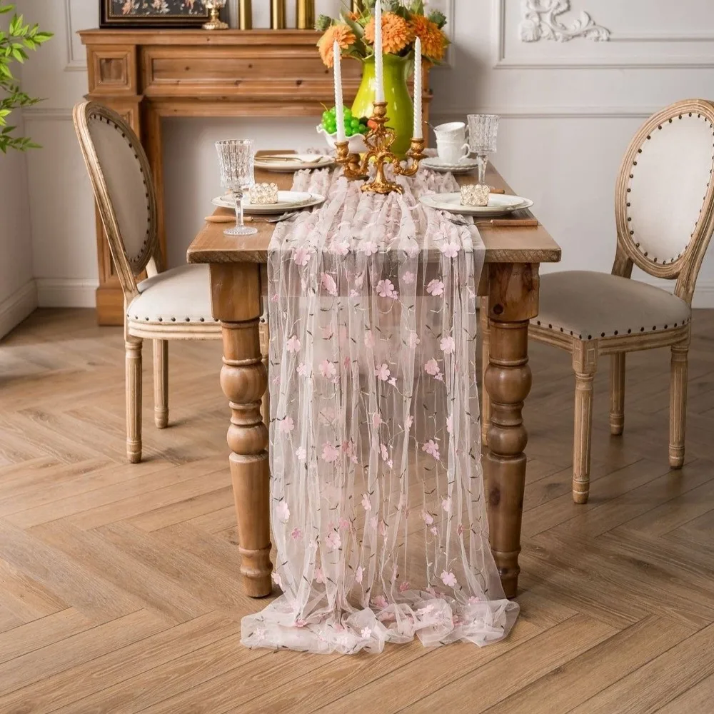 Semi-Transparent Tulle Table Runner French Style Romantic Embroidered Tablecloth Polyester Retro Gauze Tablecloth